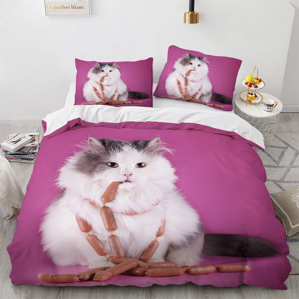 White Cute Cat Bedding Set Girl Ladies Bedroom Comfort Duvet Cover